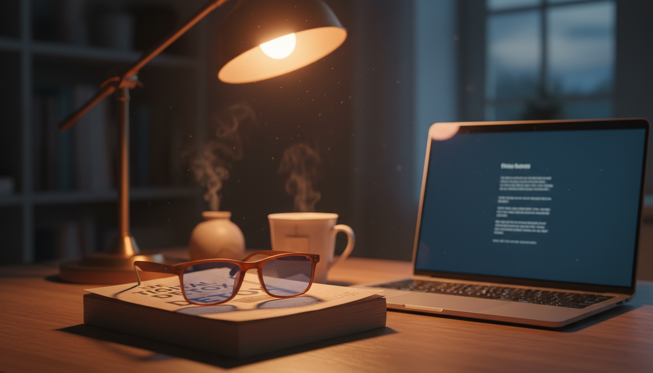 Amber blue light blocking glasses on desk