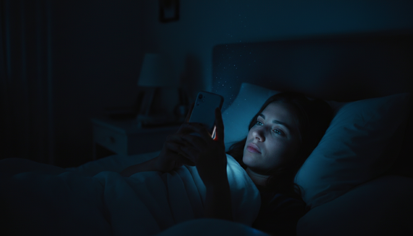 Blue light from smartphone screen in dark bedroom