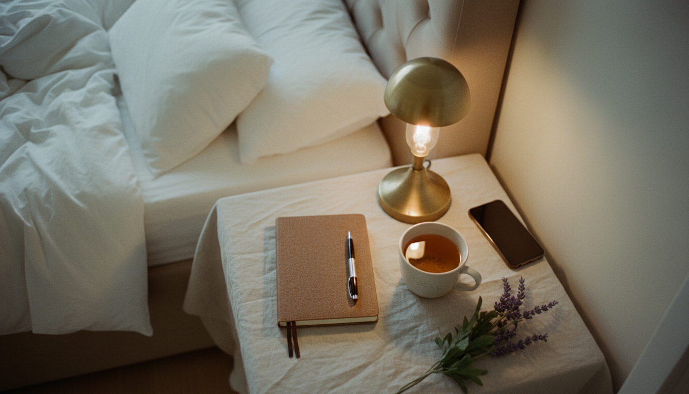 Calming bedtime routine flat lay with journal, herbal tea, and warm lamp