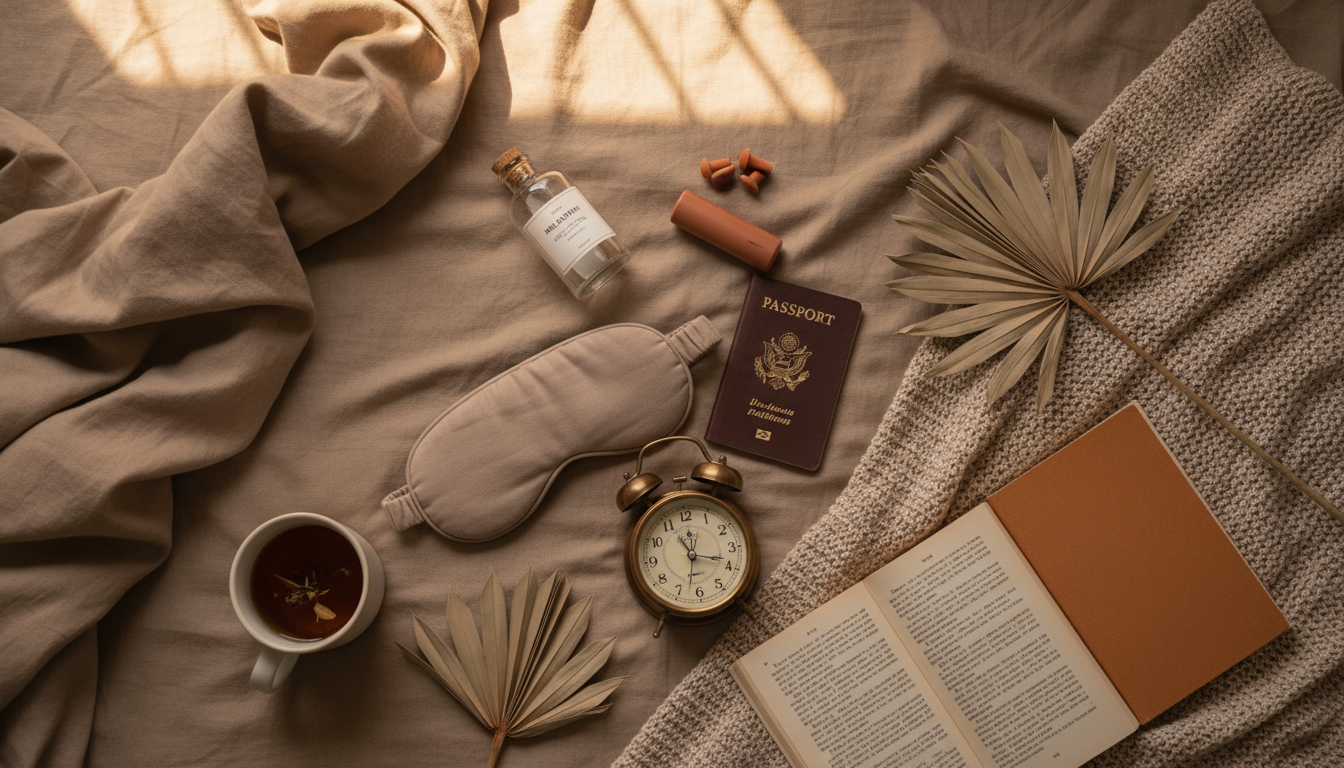 Travel sleep essentials flat lay for jet lag