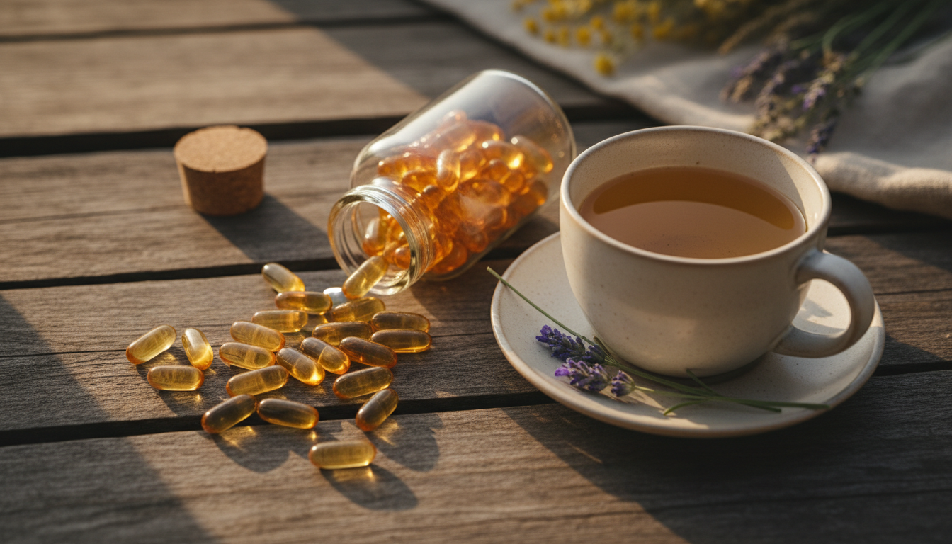 Magnesium supplement capsules with chamomile tea
