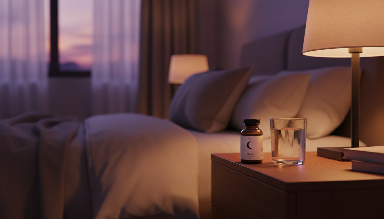 Melatonin supplement on nightstand at dusk
