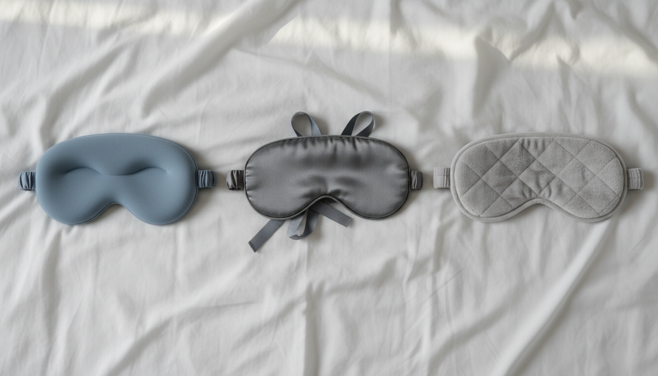 Different types of sleep masks on a bed