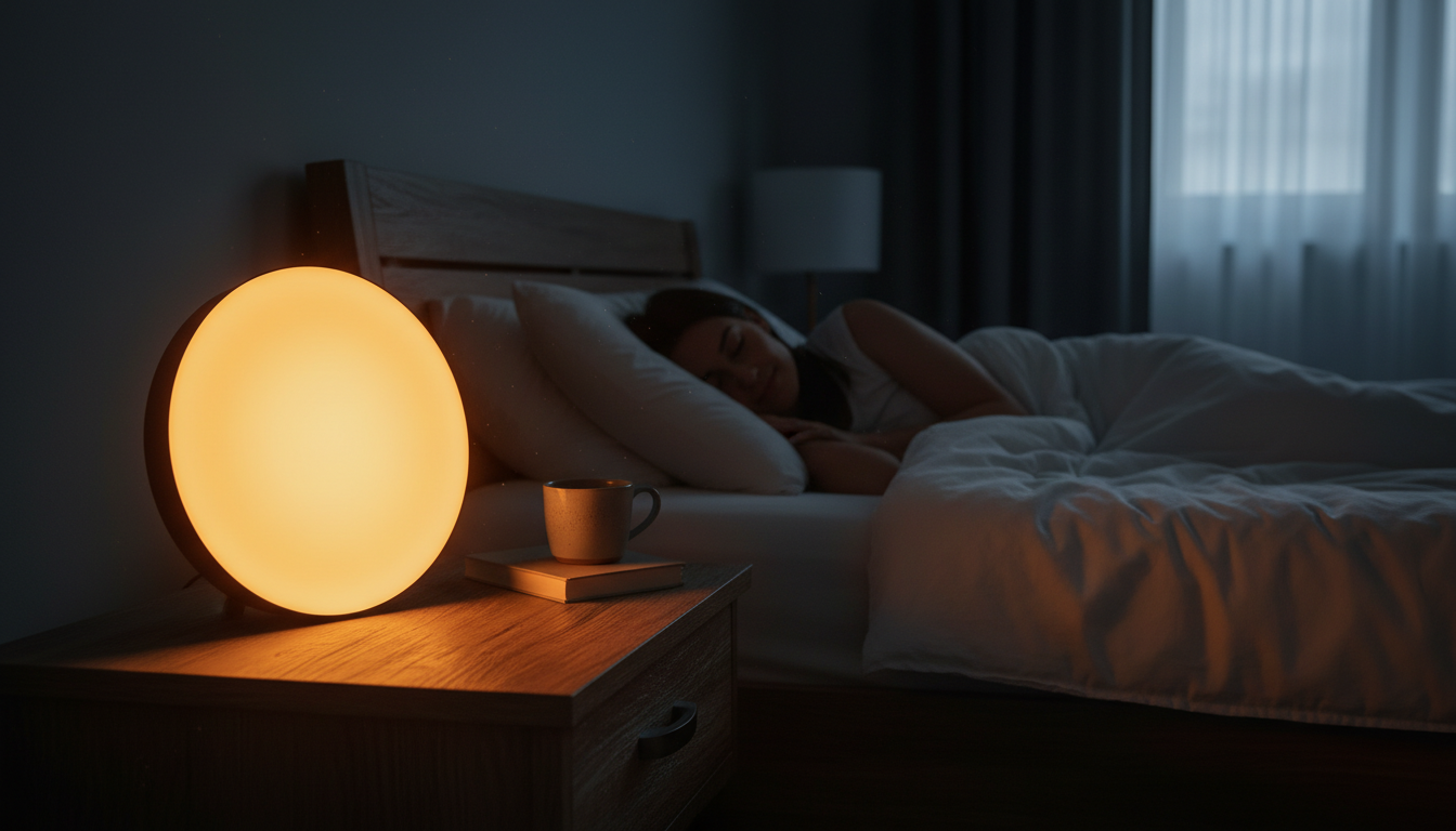 Sunrise alarm clock glowing warm orange on nightstand