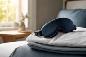 Side sleeper wearing a soft sleep mask in a calm bedroom