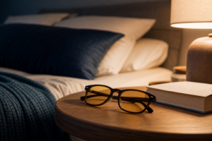 Person dimming a phone screen in a dark bedroom as part of an evening sleep routine