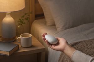 Photo-realistic sleep-health hero image for Chill Pill Review: A Palm Microcurrent Gadget for Wind-Down Routines — With Important Cautions