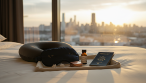 Travel sleep essentials arranged beside a window for a jet lag sleep schedule reset