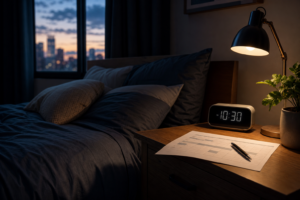 Photorealistic bedroom at dusk with blackout curtains, alarm clock, and shift work schedule on a nightstand