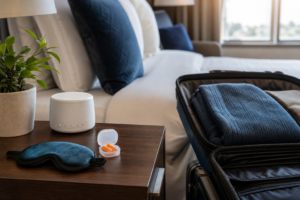 Photorealistic travel sleep kit with sleep mask, earplugs, white noise machine, and suitcase in a calm hotel room